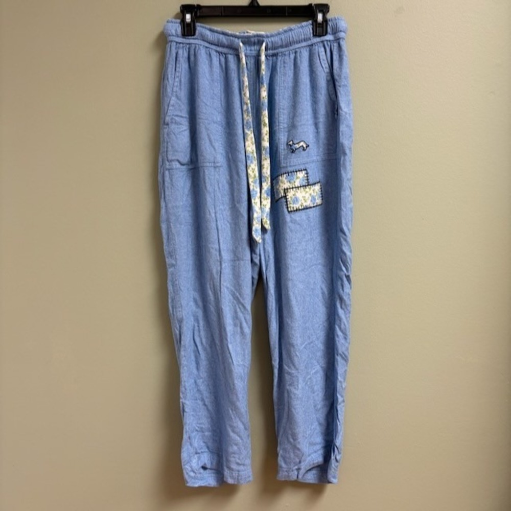Peter Alexander Womens Lounge Pants Size M‎ Blue Comfy Dog Embroidered Patchwork